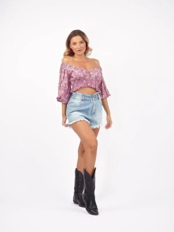Crop Top scollo bardot e maniche a sbuffo Doroty
