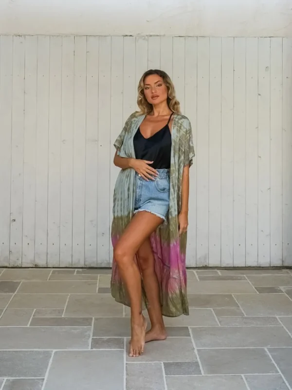 Kimono lungo rayon con balza stampa sfumata Zelia