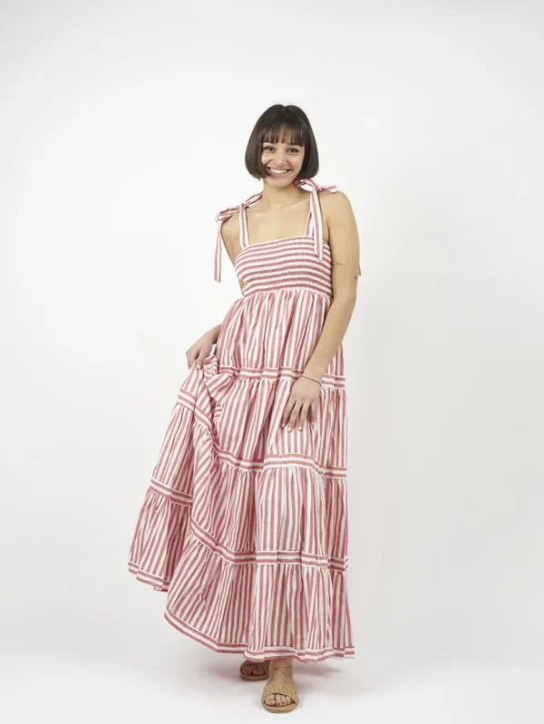 Vestito lungo a balze con fantasia a righe Kelly