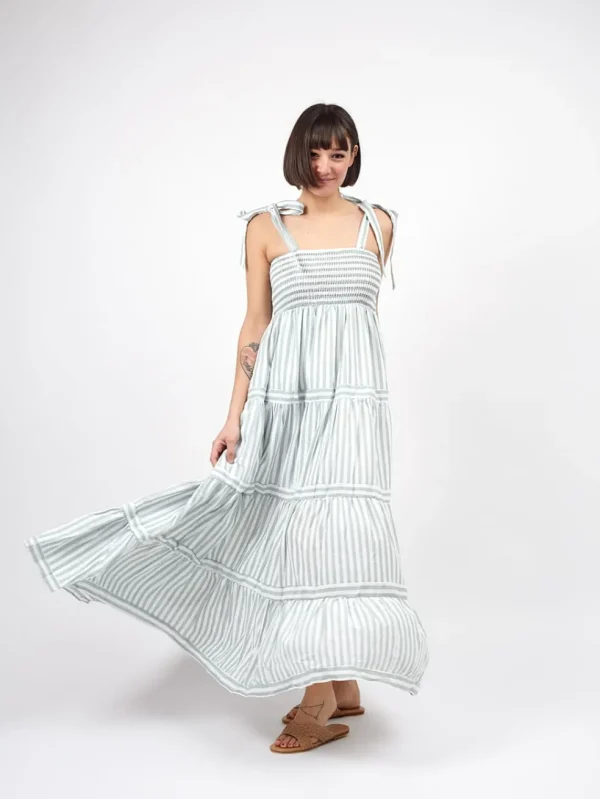 Vestito lungo a balze con fantasia a righe Kelly