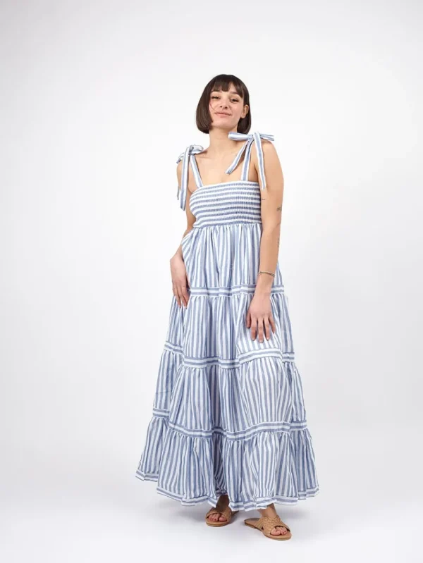 Vestito lungo a balze con fantasia a righe Kelly