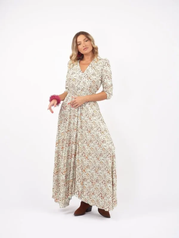 Vestito lungo con elastico in vita e bottoni Aiko