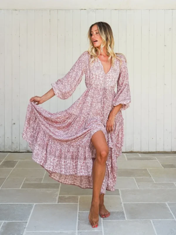 Vestito lungo con manica e balze Caroline