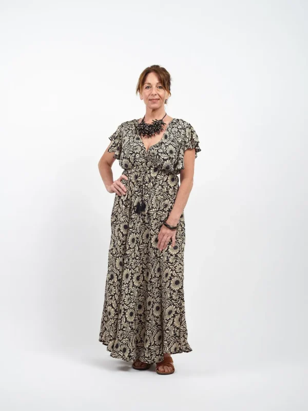 Vestito lungo scollo V manica corta seta Margherite