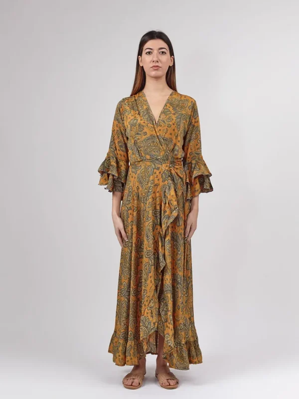 Vestito lungo wrap seta rouches Gilda