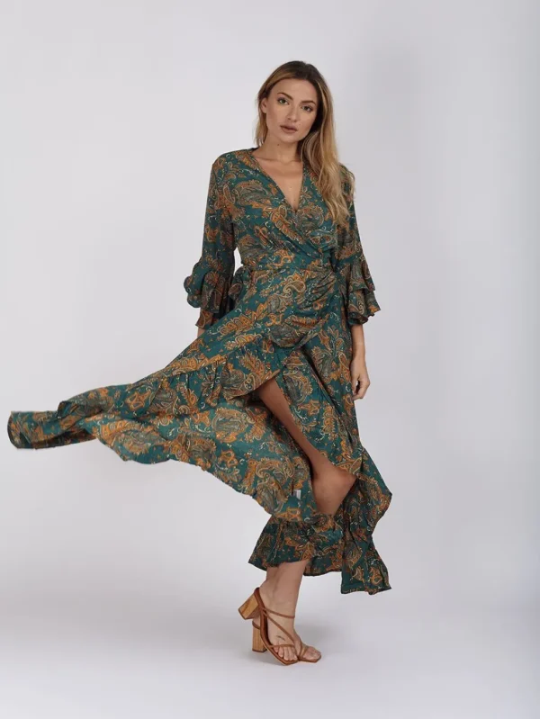 Vestito lungo wrap seta rouches Gilda
