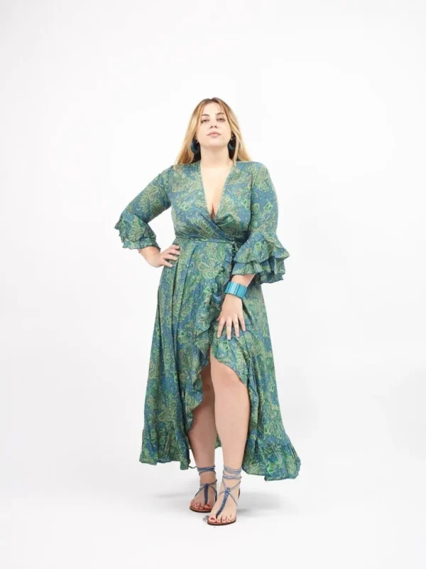 Vestito lungo wrap seta rouches Gilda